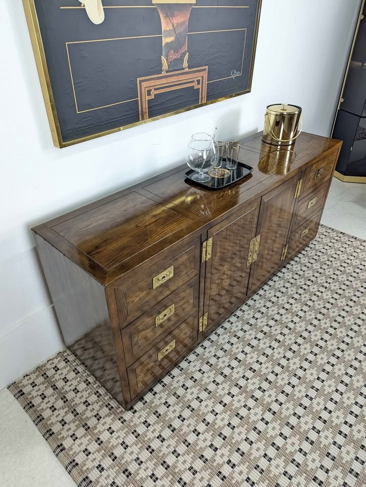 Vintage Henredon Lacquered Walnut Dresser / Credenza w/ 6 Drawers