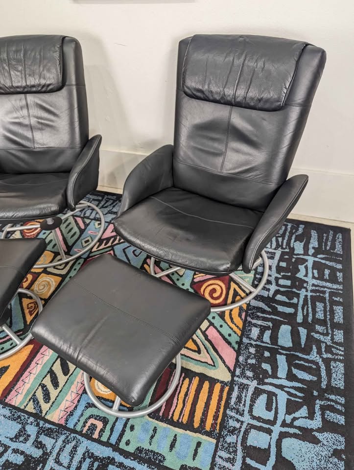 Pair of Vintage IKEA Malung Black Leather Lounge Chair Recliners in Style of Ekornes