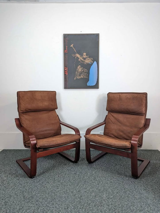 Vintage Pair of a Rare Brown Suede Leather Noboru Nakamura Chairs for IKEA
