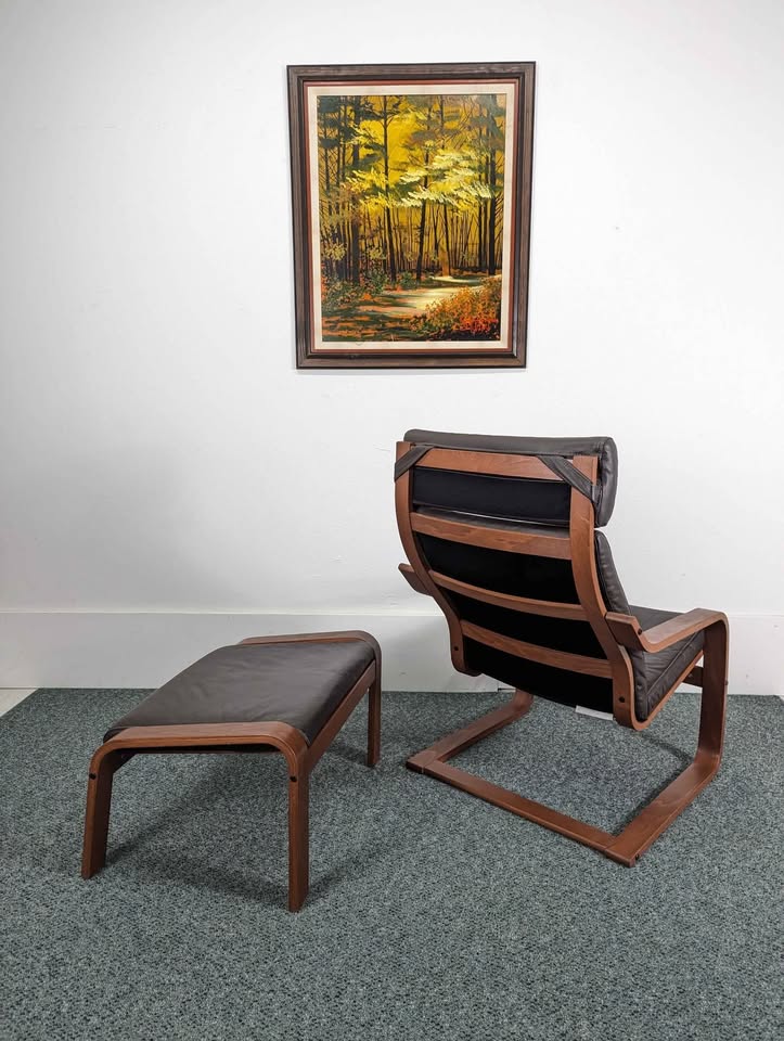 Pair of Brown Leather & Teak IKEA Poang Lounge Chairs