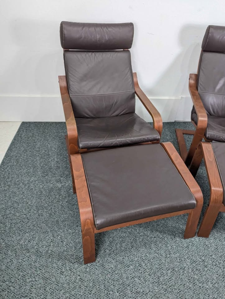 Pair of Brown Leather & Teak IKEA Poang Lounge Chairs
