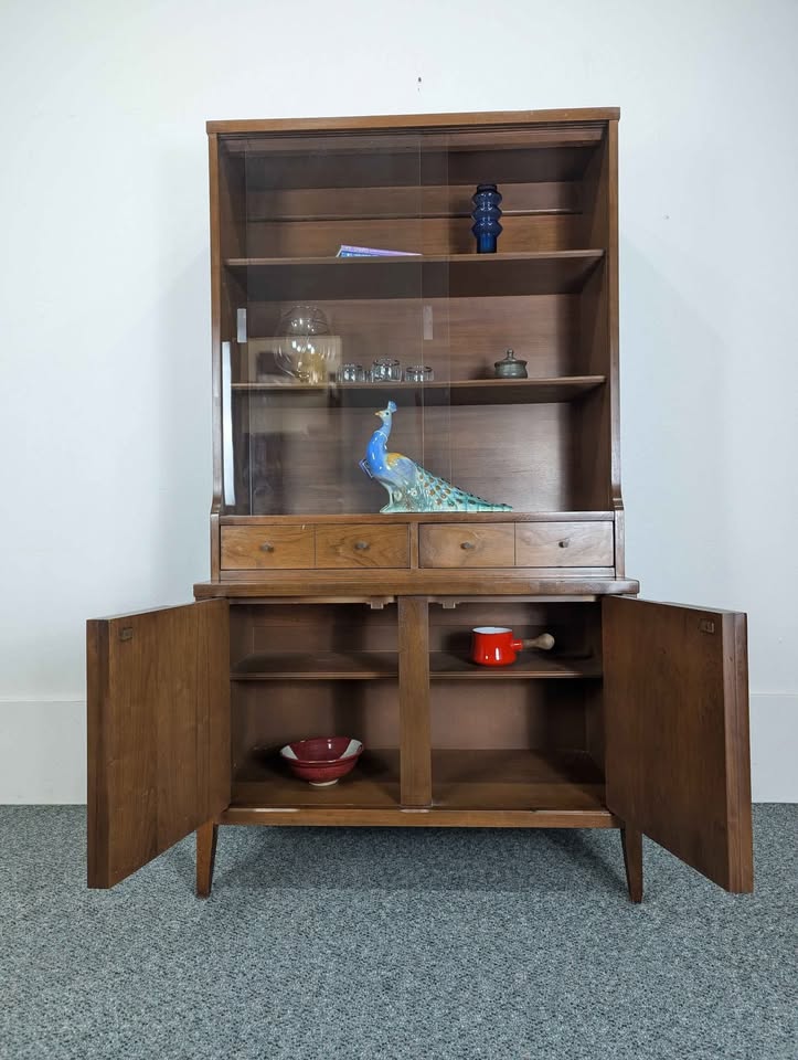 MCM Walnut China Hutch Display Cabinet