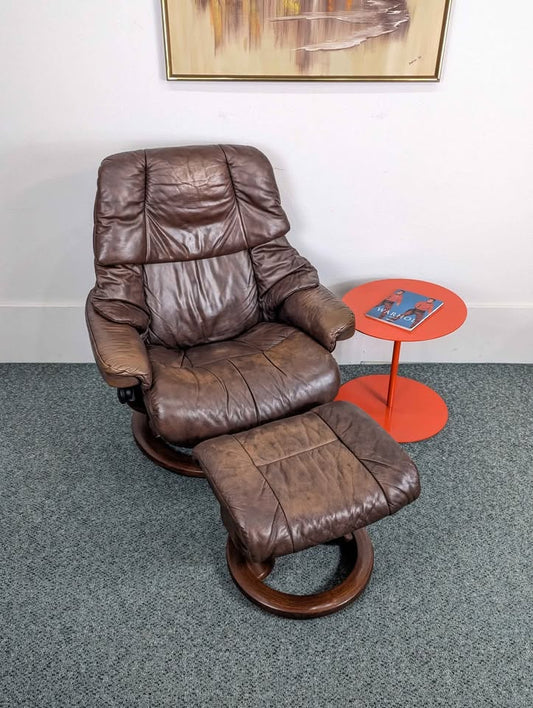 Ekornes Stressless Large Reno Brown Leather Lounge Chair & Ottoman