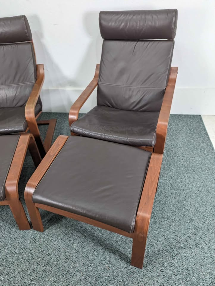Pair of Brown Leather & Teak IKEA Poang Lounge Chairs