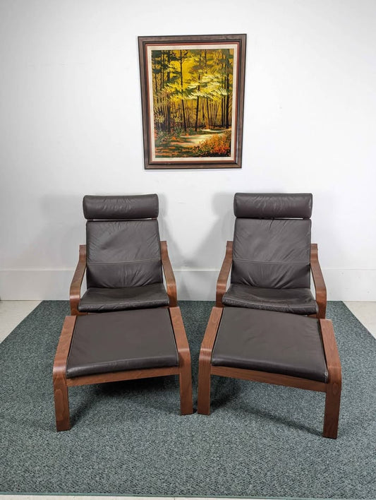 Pair of Brown Leather & Teak IKEA Poang Lounge Chairs