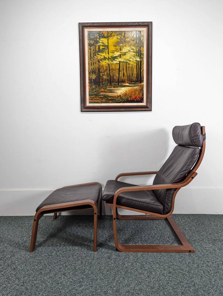 Pair of Brown Leather & Teak IKEA Poang Lounge Chairs