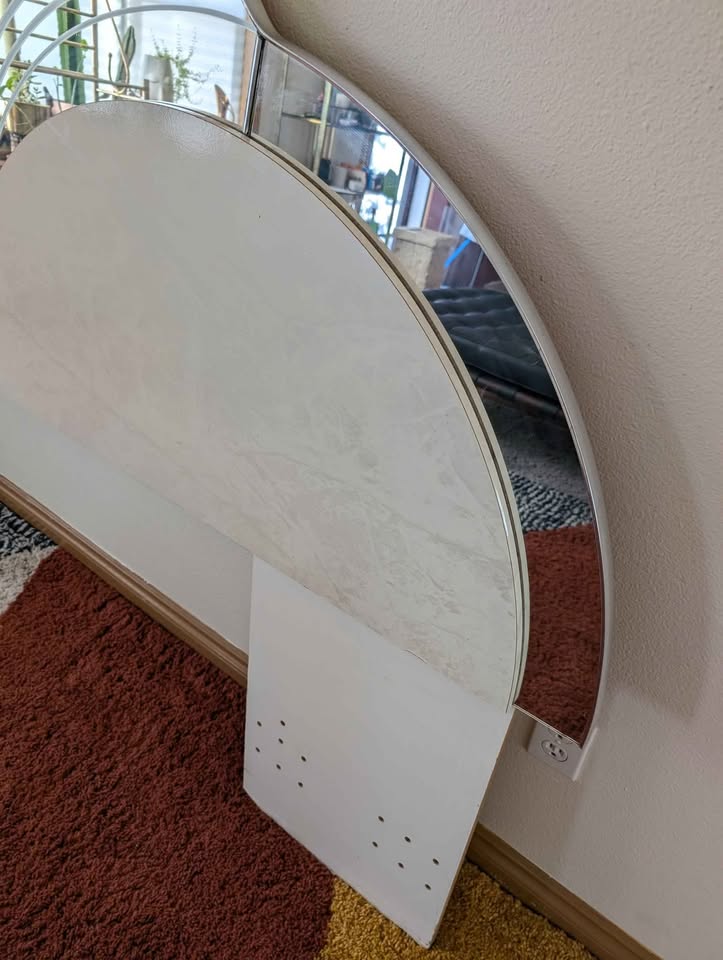 Postmodern White Marbled & Mirrored King Headboard & Dresser Mirror