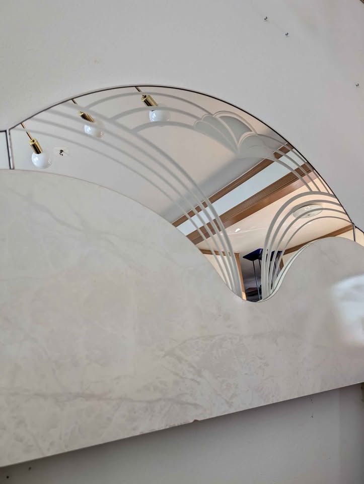 Postmodern White Marbled & Mirrored King Headboard & Dresser Mirror