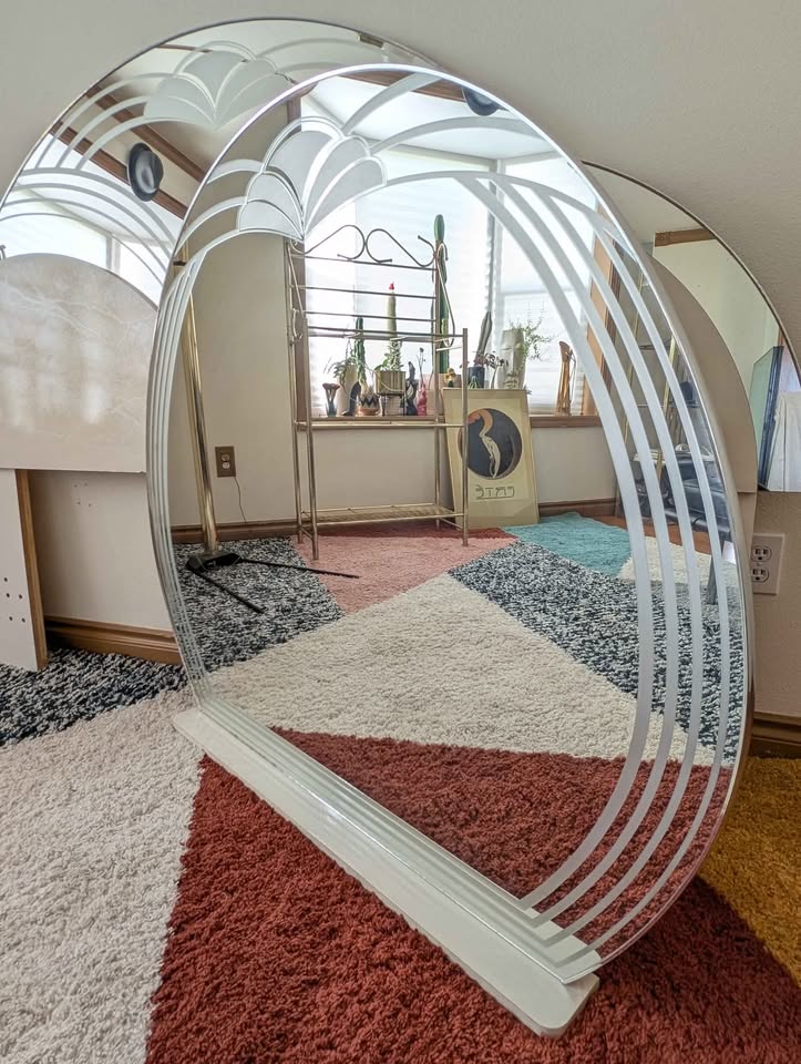 Postmodern White Marbled & Mirrored King Headboard & Dresser Mirror