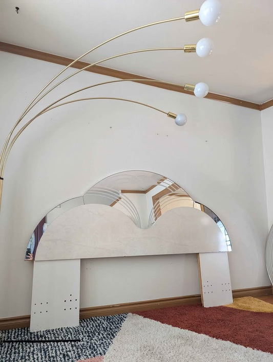 Postmodern White Marbled & Mirrored King Headboard & Dresser Mirror