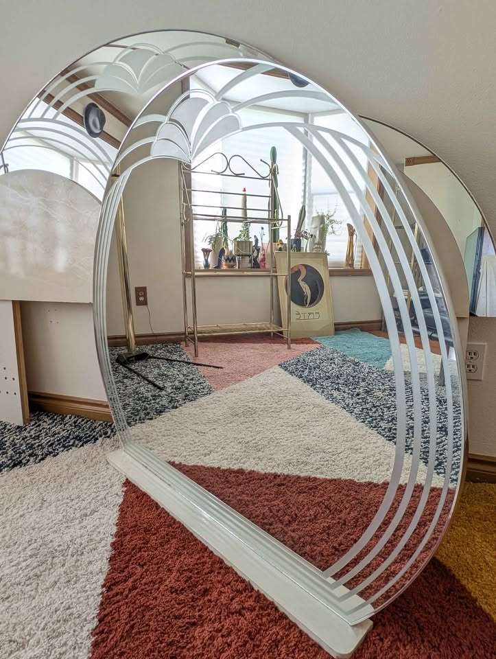 Postmodern White Marbled & Mirrored King Headboard & Dresser Mirror