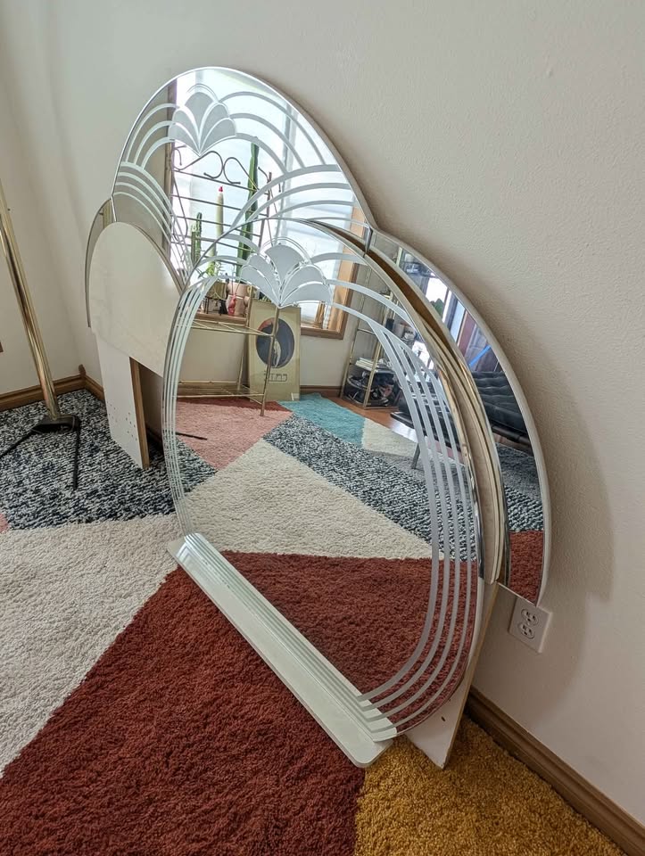 Postmodern White Marbled & Mirrored King Headboard & Dresser Mirror