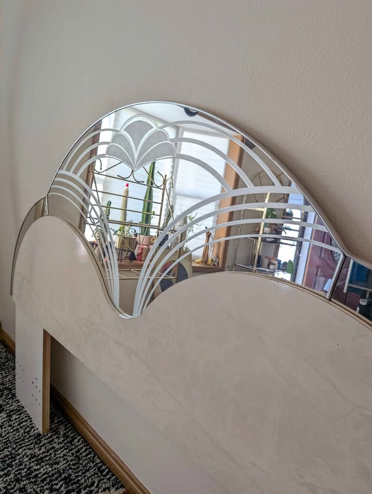 Postmodern White Marbled & Mirrored King Headboard & Dresser Mirror