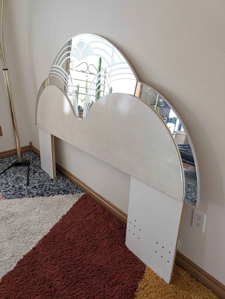 Postmodern White Marbled & Mirrored King Headboard & Dresser Mirror