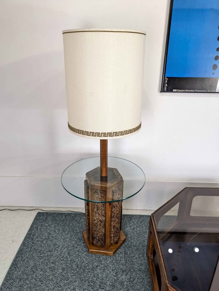 Mid Century Brutalist Modern Cork Floor Lamp Table