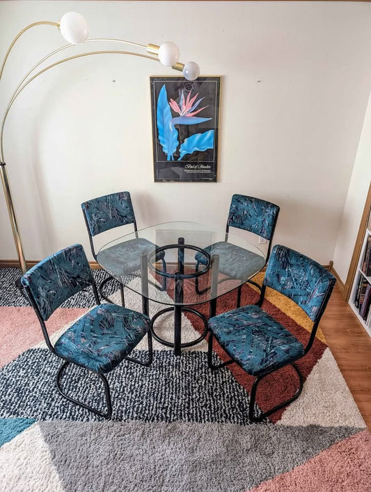 Teal Velvet Postmodern Dining Table Set w/ 4 Cantilevered Chairs