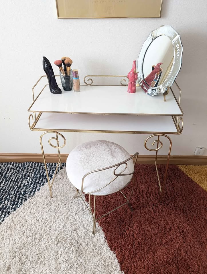 Faux Fur Post Modern Brass Vanity Chair & Makeup Table