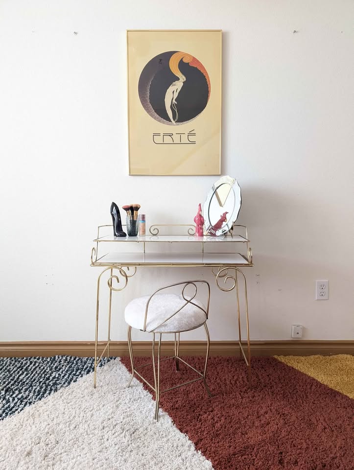 Faux Fur Post Modern Brass Vanity Chair & Makeup Table