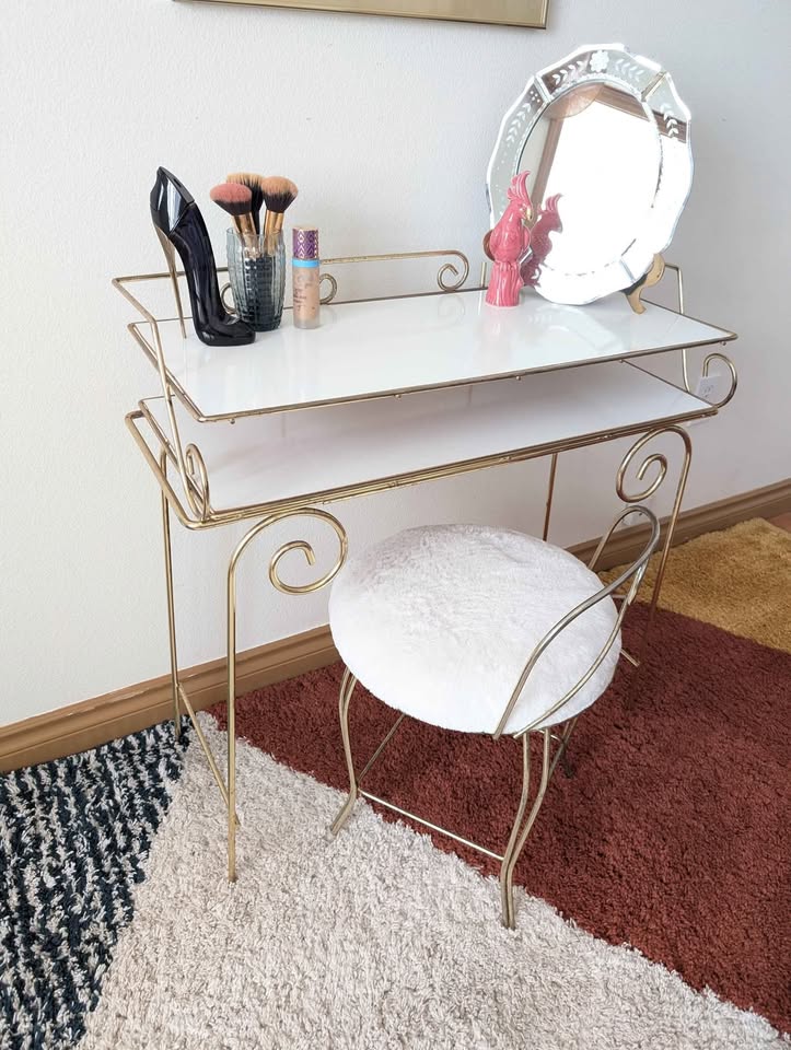 Faux Fur Post Modern Brass Vanity Chair & Makeup Table