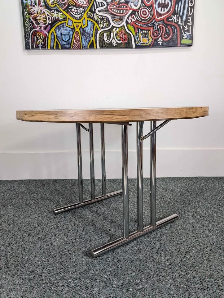 MCM Chrome & Faux Dining Table Set w/ 6 Black Plastic Chairs by Cole