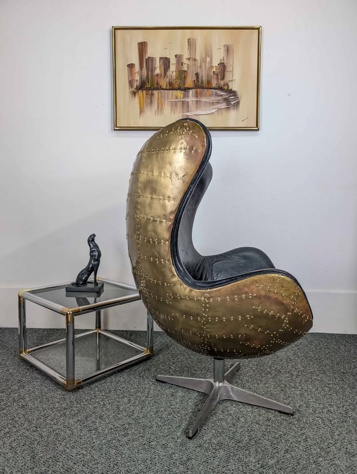 Brass & Black Leather Aviator Egg Chair
