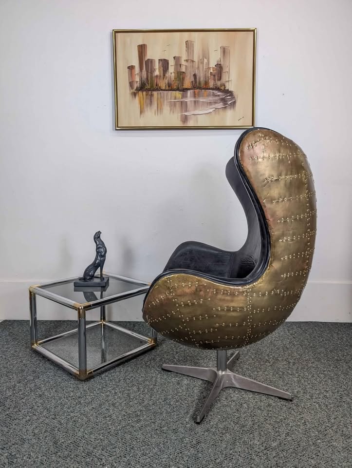 Brass & Black Leather Aviator Egg Chair