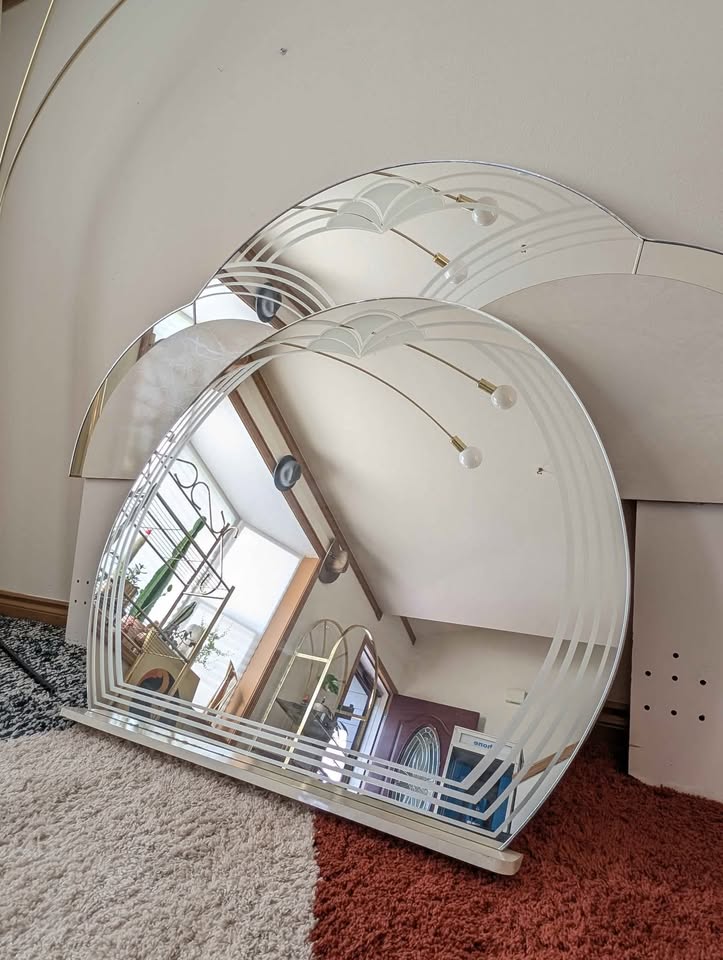 Postmodern White Marbled & Mirrored King Headboard & Dresser Mirror