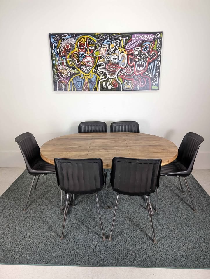 MCM Chrome & Faux Dining Table Set w/ 6 Black Plastic Chairs by Cole