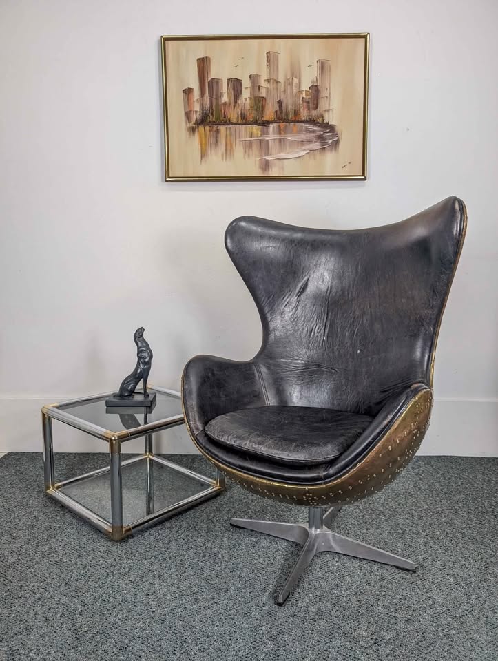 Brass & Black Leather Aviator Egg Chair