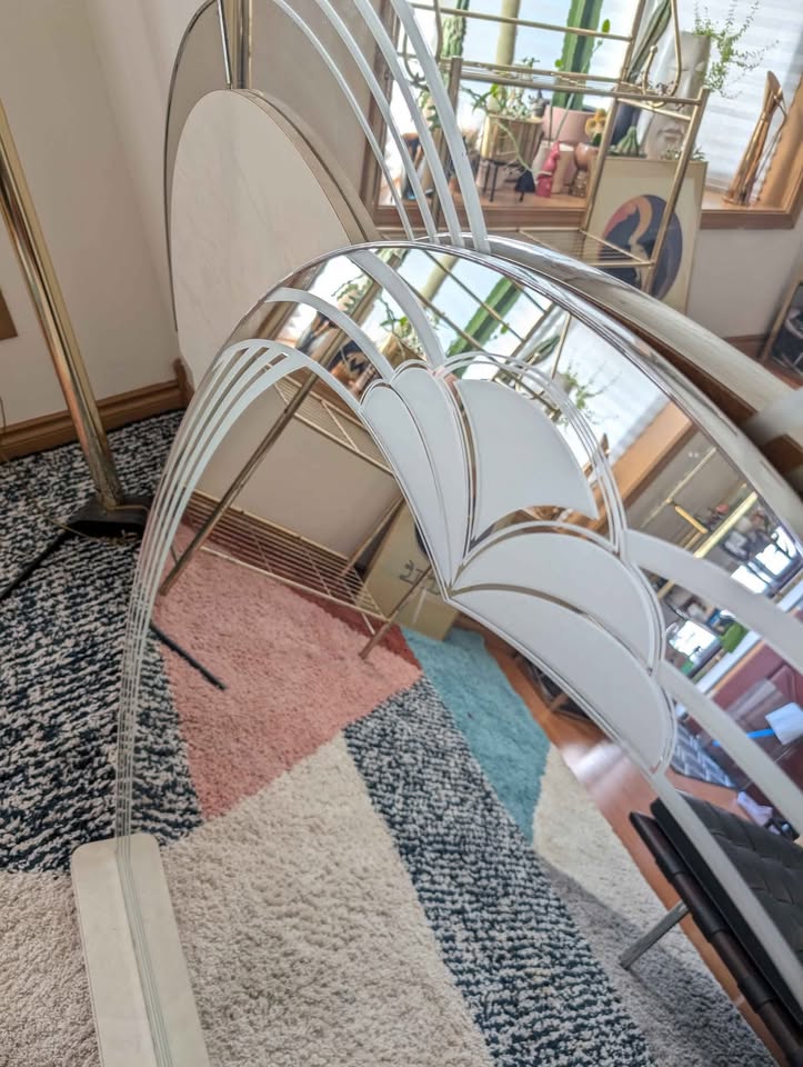 Postmodern White Marbled & Mirrored King Headboard & Dresser Mirror