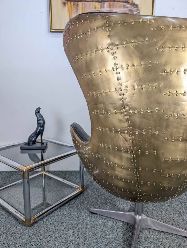 Brass & Black Leather Aviator Egg Chair