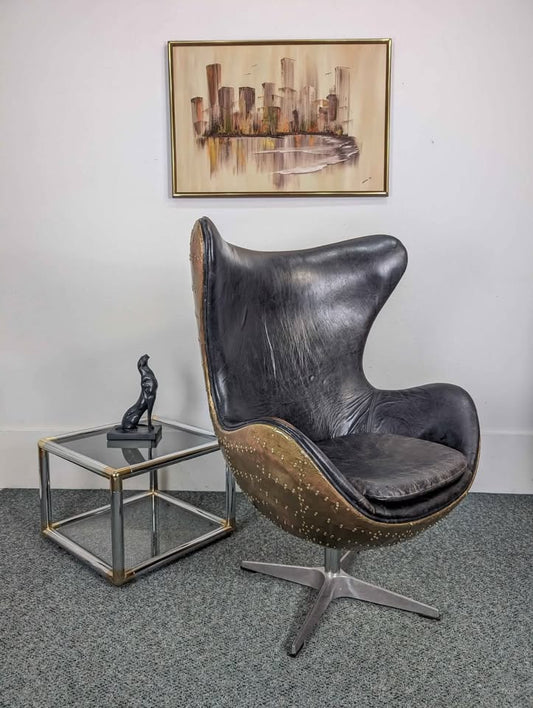 Brass & Black Leather Aviator Egg Chair