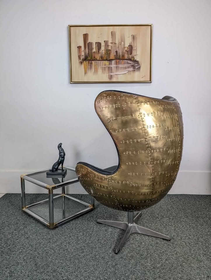 Brass & Black Leather Aviator Egg Chair