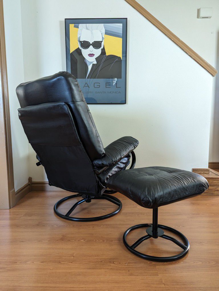 Vintage Black Ekornes Stressless Style Faux Leather Lounge Chair Recliner & Ottoman by Chairworks