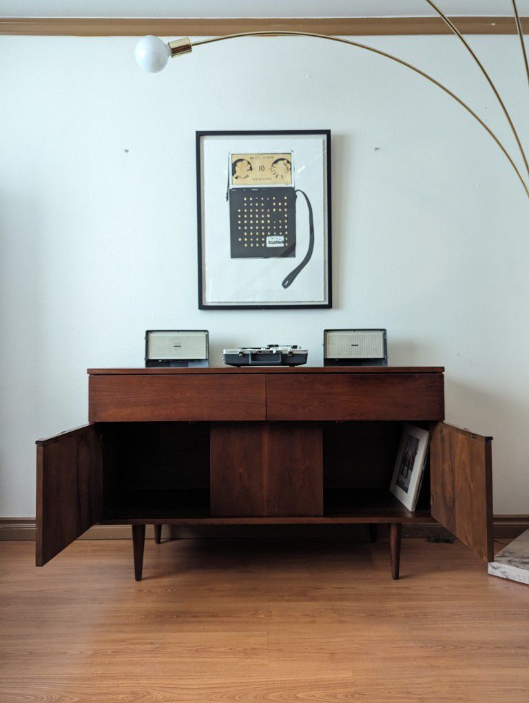 MCM Record Player Stand / Walnut Buffet Credenza Cabinet