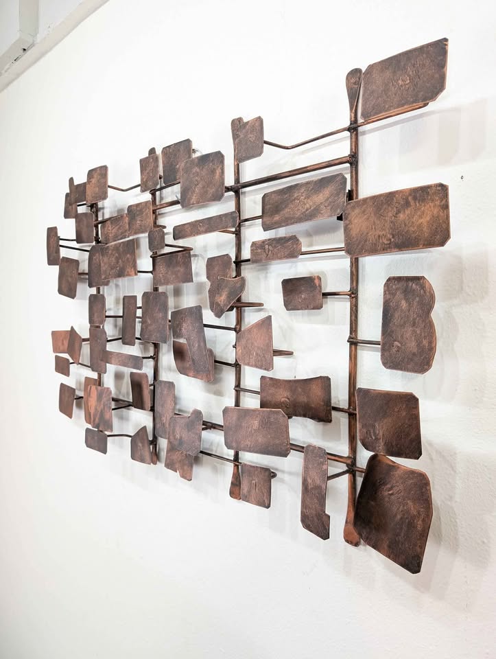 MCM Style Brutalist Metal Hanging Wall Art in Manner of Curtis Jere