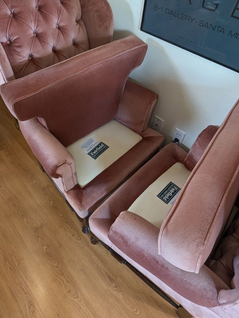 Postmodern Vintage Pink Velvet Upholstered Wingback Lounge Chairs
