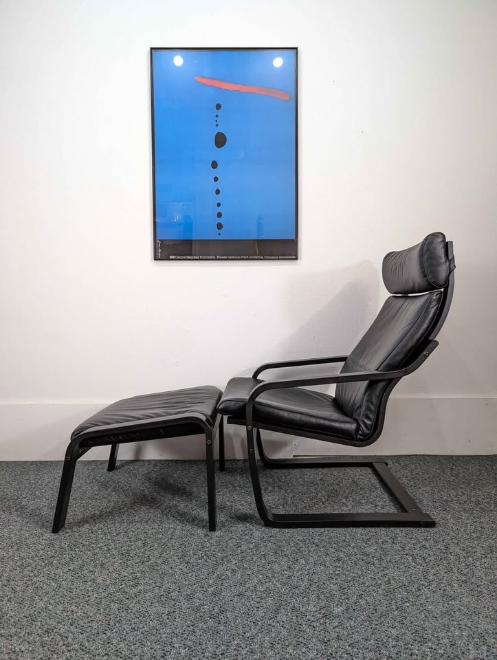 IKEA Poang Black on Black Leather Lounge Chair & Ottoman