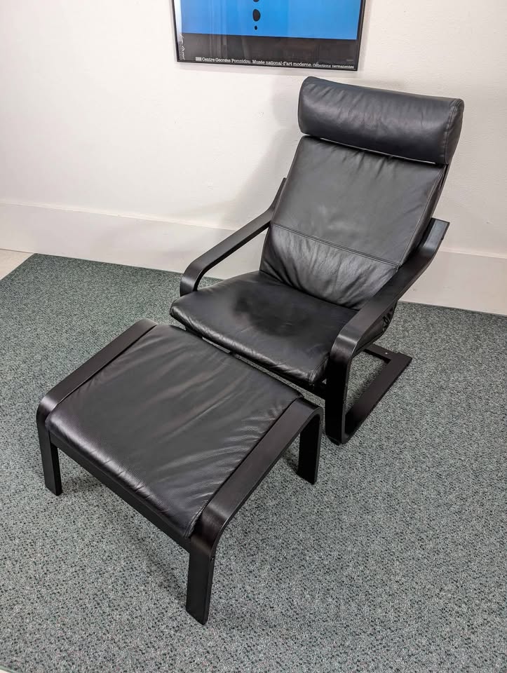 IKEA Poang Black on Black Leather Lounge Chair & Ottoman