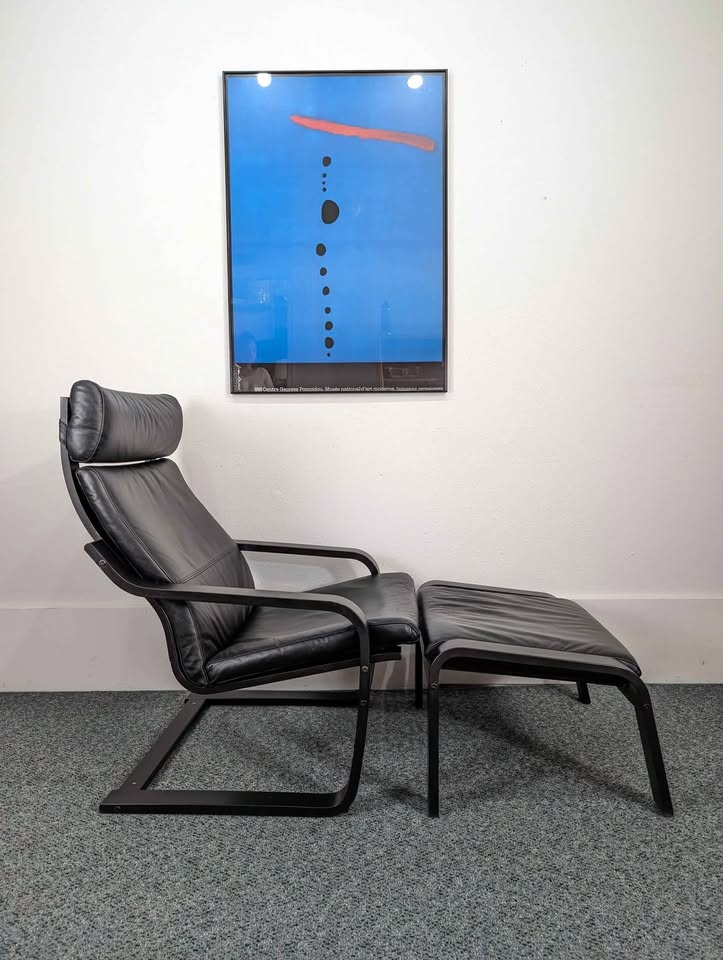 IKEA Poang Black on Black Leather Lounge Chair & Ottoman