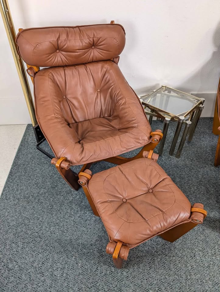 Pair of Brown Leather & Teak Luna Lounge Chairs & Ottomans