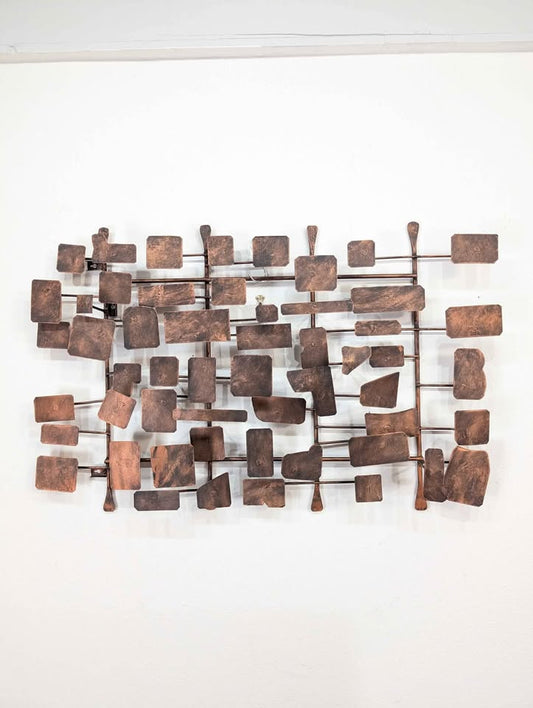 MCM Style Brutalist Metal Hanging Wall Art in Manner of Curtis Jere