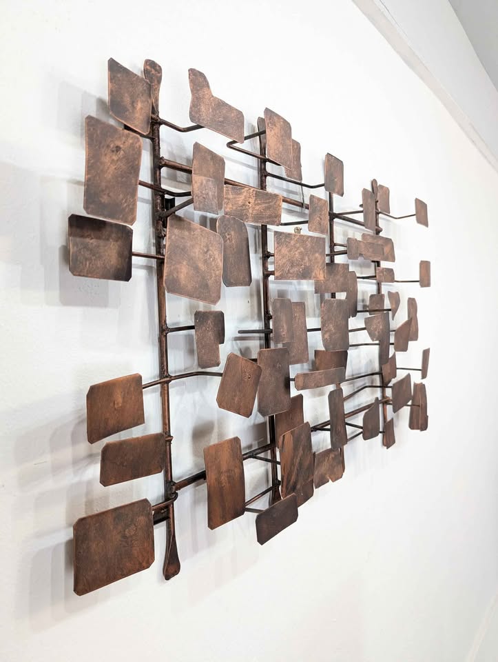 MCM Style Brutalist Metal Hanging Wall Art in Manner of Curtis Jere