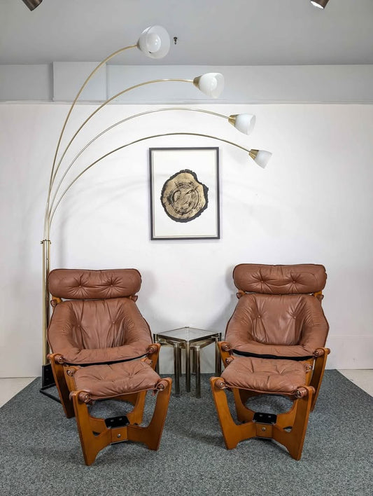 Pair of Brown Leather & Teak Luna Lounge Chairs & Ottomans