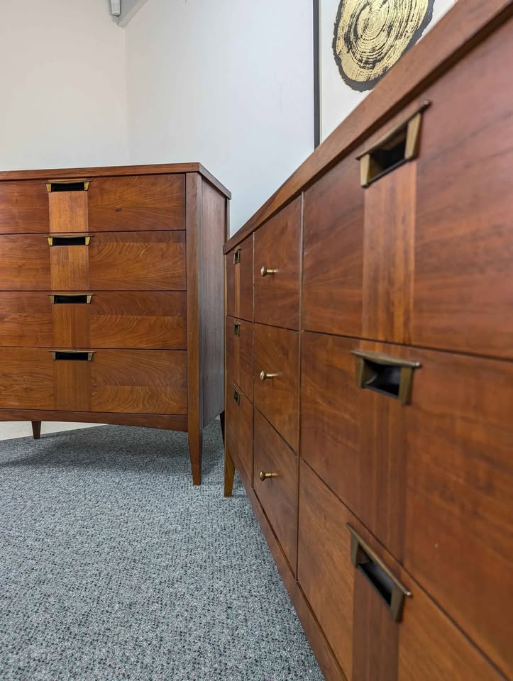 MCM Walnut Bedroom Set Highboy & 9 Drawer Lowboy Dressers
