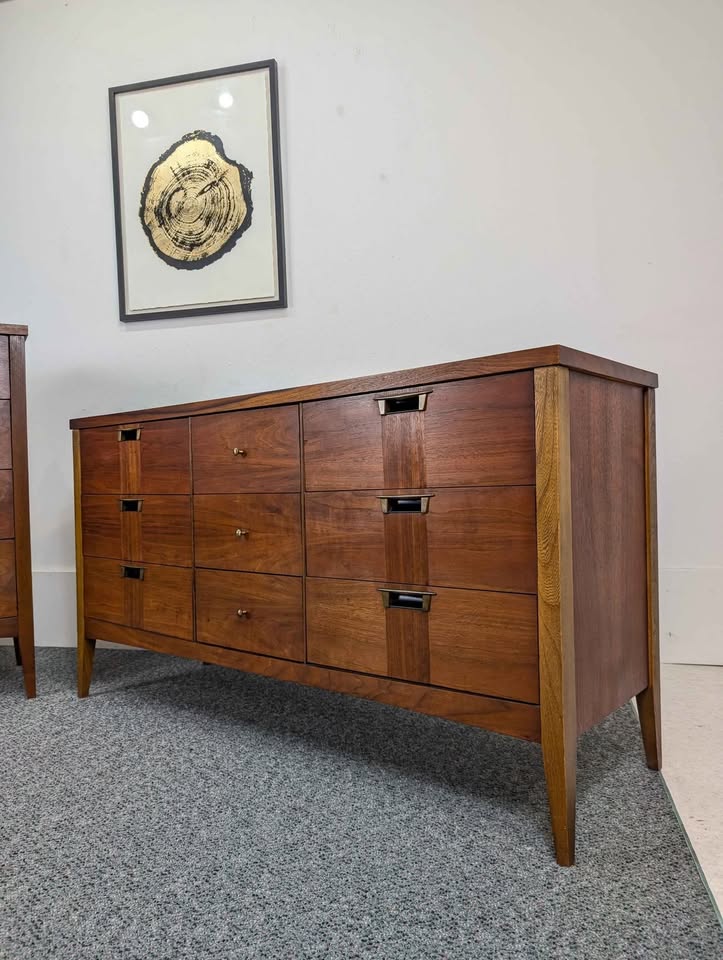 MCM Walnut Bedroom Set Highboy & 9 Drawer Lowboy Dressers