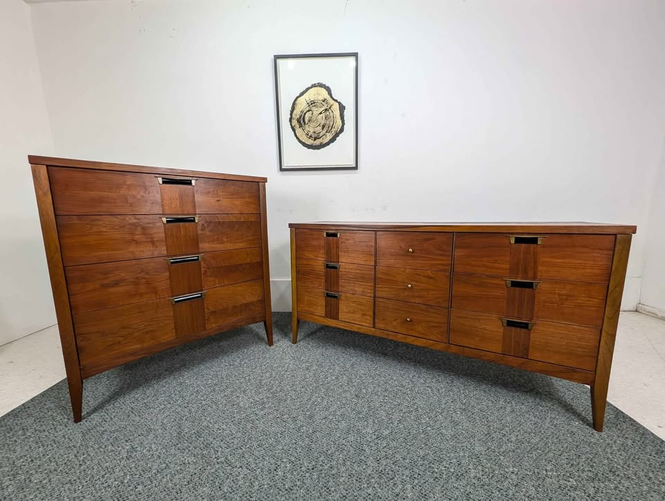 MCM Walnut Bedroom Set Highboy & 9 Drawer Lowboy Dressers