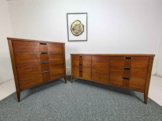 MCM Walnut Bedroom Set Highboy & 9 Drawer Lowboy Dressers