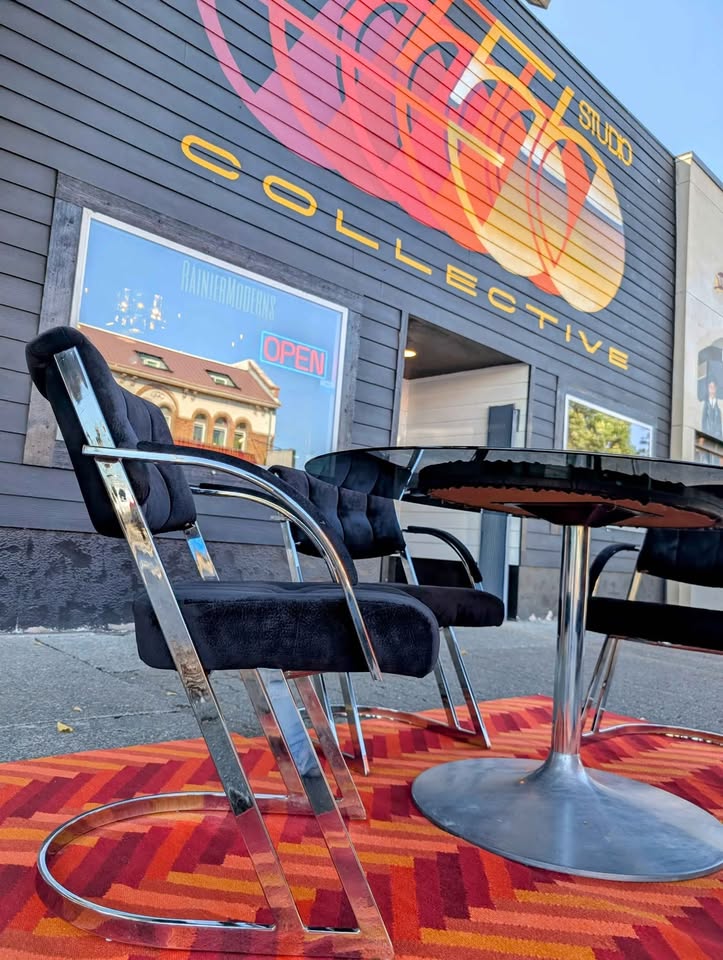 Vintage Milo Baughman Chrome & Black Velvet MCM Dining Table Set