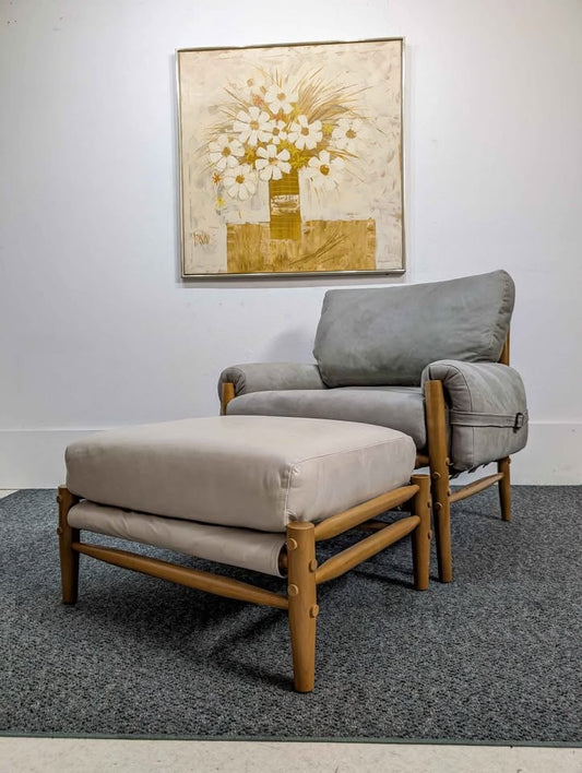 Lafer Style Sage Green Suede Lounge Chair & Leather Ottoman